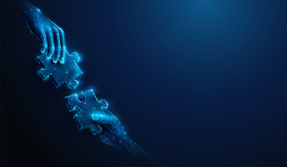 Abstract illustration of two hands holding puzzle pieces approaching in low poly style. Blue geometric background depicting synergy partnership and industry teamwork concept by wireframe mesh