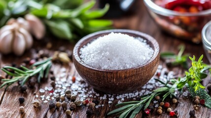 A rustic wooden table with a small bowl of coarse sea salt, surrounded by fresh herbs and spices, highlighting the essential role of salt in enhancing culinary flavors.