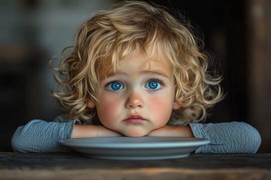 An empty plate on a young child, starvation and undernutrition concept image for topic related to child nutrition
