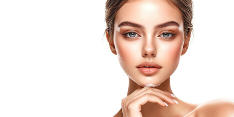 A woman with a beautiful face is standing in front of a white background