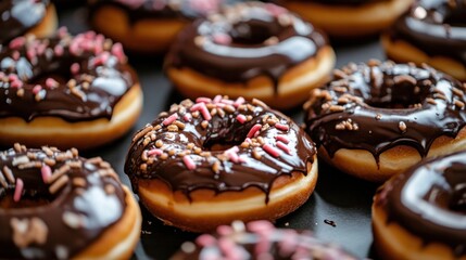 Donuts with a chocolate topping in a candy workshop setting. dessert, pastry, sweet, preparing