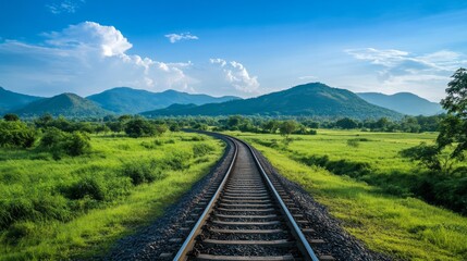 A scenic view of a railway track winding through lush green fields under a clear blue sky, highlighting the beauty of nature and the journey ahead.