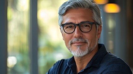 Fototapeta premium Beautiful 45 year old Native American man with formal slick hairstyle, smooth face, wearing white shirt, beside a large window in modern office building