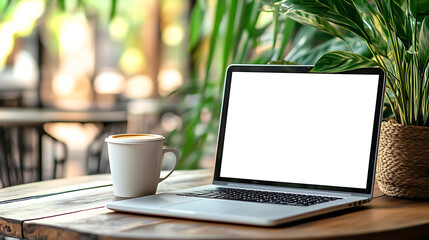 Fototapeta premium Open laptop with blank screen on wooden table next to a coffee cup and green plants in a cozy cafe.
