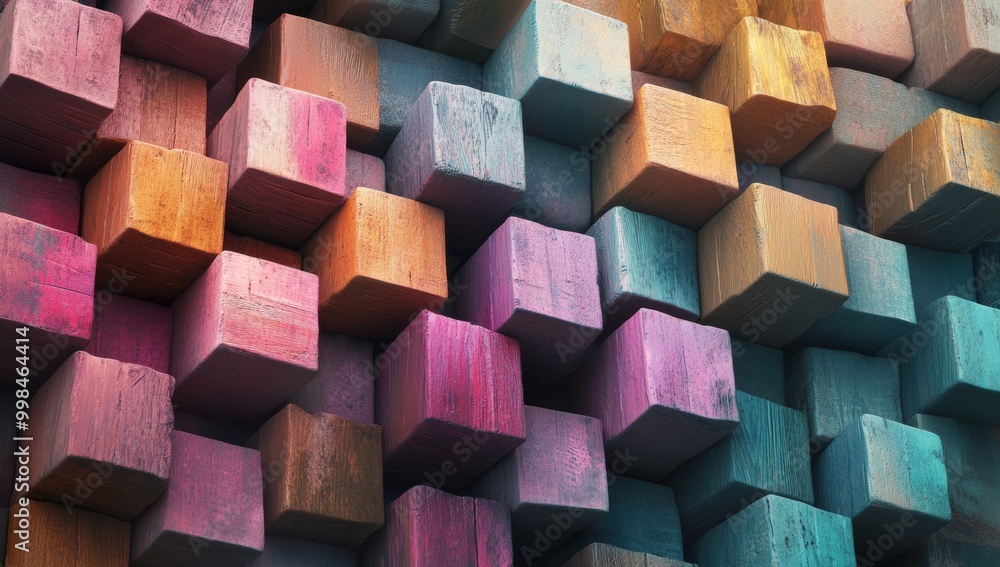 Poster 3d wooden square cubes texture wall background banner illustration created with generative ai in abs