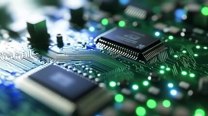 Obraz premium An integrated circuit board with a vibrant blue and green digital network technology background - futuristic 3D illustration for tech concepts and design.