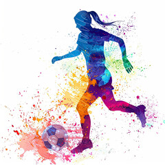 watercolor painting shows a soccer player running with the ball, highlighted by dynamic and lively splashes of color on a white background.