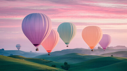 Fototapeta premium Pastel hot air balloons drifting over rolling green hills under a sky painted with soft morning light.