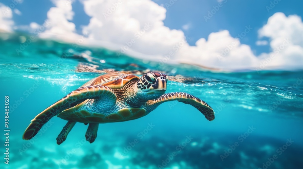 Poster a sea turtle swimming near the ocean surface, its head slightly above water as it takes a breath, wi