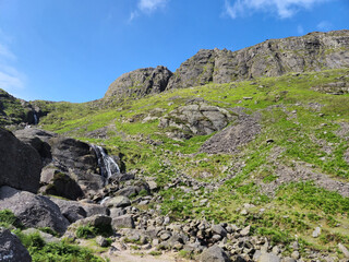 Rocks, hills and waterfall in Ireland, natural landscape background