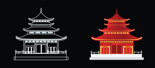 set of Chinese Temple vector illustration on black Isolated