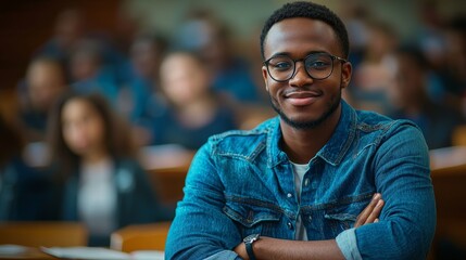 Fototapeta premium University lecture hall portrait of a happy black afro American student