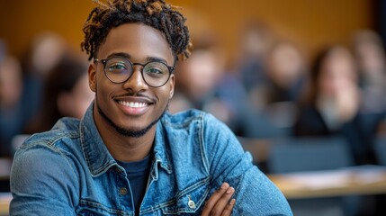 Fototapeta premium The picture shows a black afro-american university student sitting in a lecture hall and looking happy