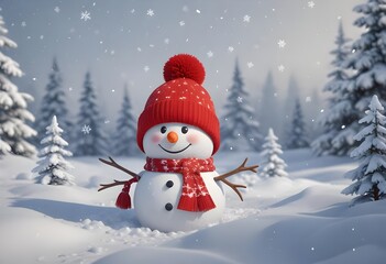 Adorable Snowman with Red Hat and Scarf in Winter Snowy Landscape - Cute Snowman Photos