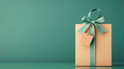 Elegant gift bag with turquoise ribbon and bow, isolated on a green background, perfect for holiday or special occasion themes.