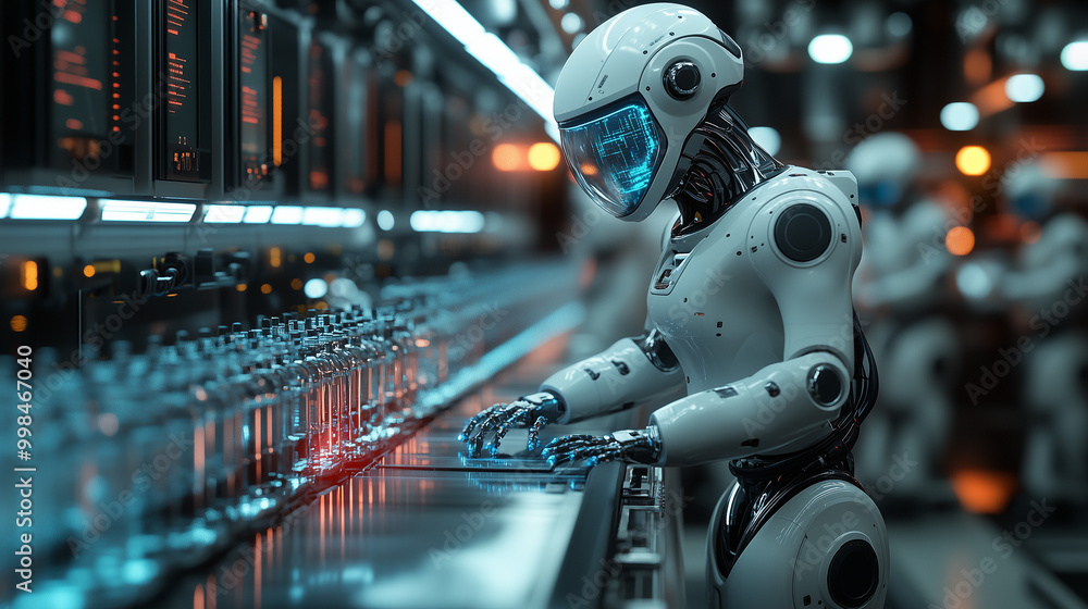 Poster a futuristic robot works in a high-tech environment, interacting with illuminated machinery in a dim