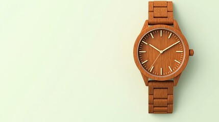 Minimalist wooden wristwatch with a natural finish on a pastel green background, showcasing modern design and eco-friendly materials.