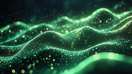 The abstract green technology point mesh network in dark space presents a 3D-rendered illustration of connected points.