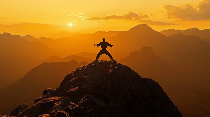 Martial artist in silhouette stands in a fighting stance atop a mountain at sunset, with majestic peaks and a golden sky in the background.