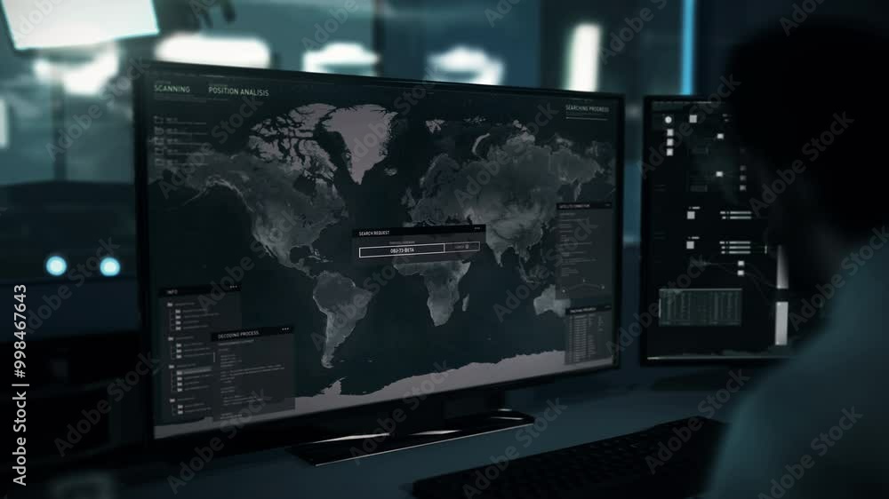 Aufkleber spy satellite scanner software inspecting the digital earth map. spy satellite scanning the world tr