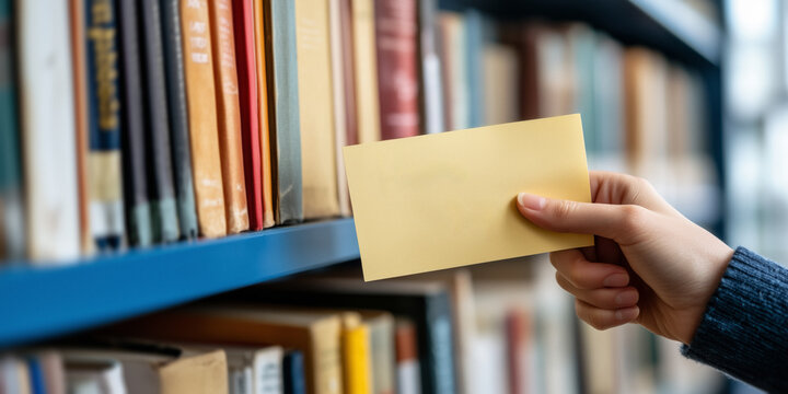 A person’s hand placing a blank note or reminder to add text between the books on a shelf in a library or office.A calm and orderly environment focused on the organization of literature or information