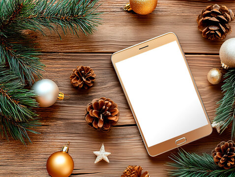 Mockup of electronic tablet on wooden table decorated with Christmas tree branches, pine cones and golden balls. Template of application screen view, top view. Happy New Year and Merry Christmas