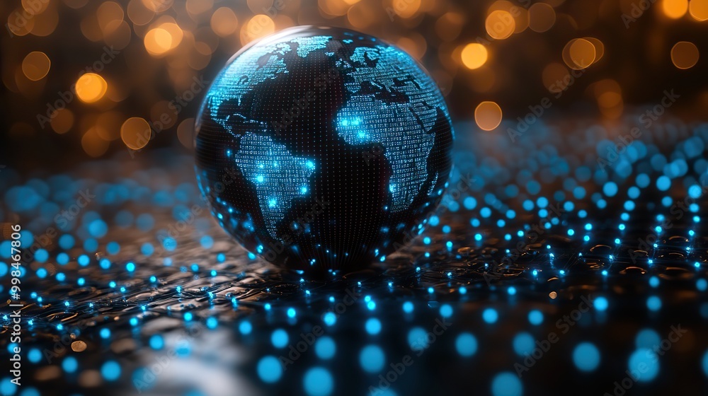 Wall mural the abstract holographic world globe with connection points symbolizes social media and global conne