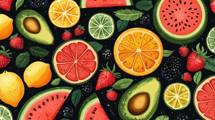 Fresh fruit seamless pattern bursting with vivid colors such as oranges, lemons, strawberries, and watermelons, invoking summer's vibrant spirit