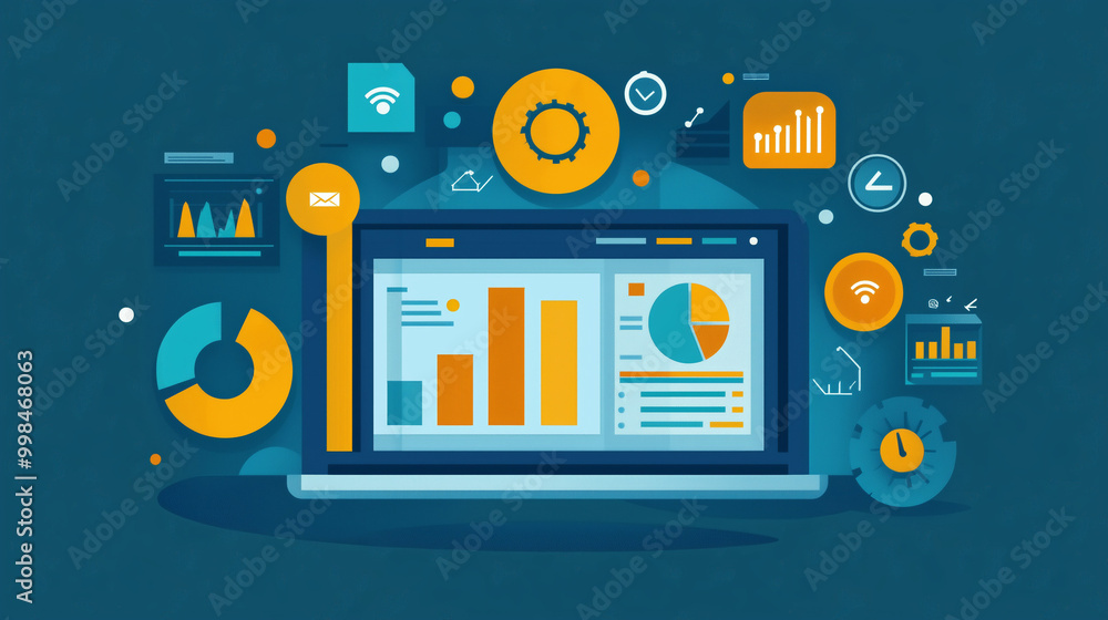Poster a stylized graphic of a laptop displaying data visualizations, charts, and analytics icons, represen