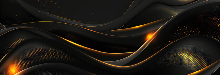 Abstract 3d black background with gold lines curved wavy sparkle with copy space for text. Luxury style template design. Vector illustration