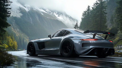 A sleek sports car against a stunning mountainous backdrop with rain-soaked roads, showcasing a dynamic blend of nature and automotive performance.