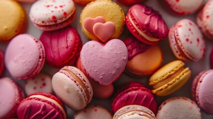 Obraz premium Close up of colorful love macaron background, top view. Photorealistic high resolution macro photography for advertising or food design