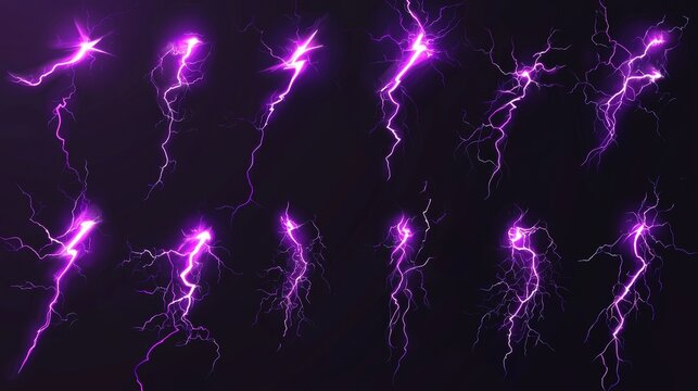 Modern realistic lightning strike animation sprite sheet isolated on transparent background with purple lightning, electricity impact, and thunderstorm energy discharge.