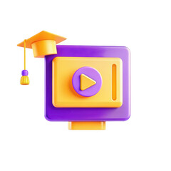 This colorful icon features a video play button and a graduation cap, representing online learning and education.