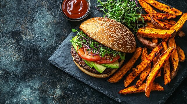 Delicious burger with sweet potato fries on slate board