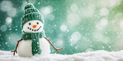 Cute little Snowman in 3D Winter Pattern, falling snow space for text. green Closeup cute tiny Snowman waving . Christmas New Year Falling Snow Backdrop. hat. Happy winter smiling white snow man.