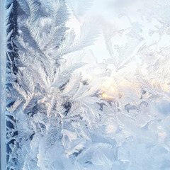 Frosty window with intricate ice patterns soft winter sunlight filtering through delicate and detailed frost formations cold and magical atmosphere white and light blue palette