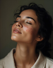 A young woman with dark hair and olive skin with acne, eyes closed, facing upwards with a serene expression