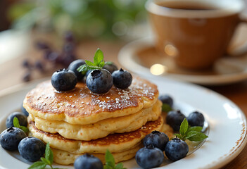 Pancakes and coffee. Pancakes with a cup of coffee and fresh fruits blueberries and herb decoration. Traditional breakfast or lunch in a hotel or restaurant 