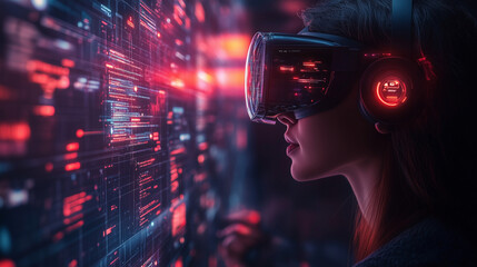 A woman wearing a VR headset interacts with a high-tech digital environment, illuminated by vibrant colors and data streams.