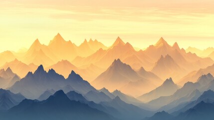 Obraz premium A serene view of a high mountain range with sharp peaks, bathed in the soft golden light of sunrise. Layers of mountains fade into the distance, creating depth and tranquility.