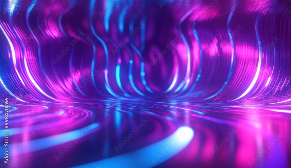 Poster 3d render, an abstract futuristic background with neon lines and reflections on the floor in purple 