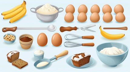 Preparation of Banana Bread Ingredients Spread out on a Light Blue Background for Baking Fun