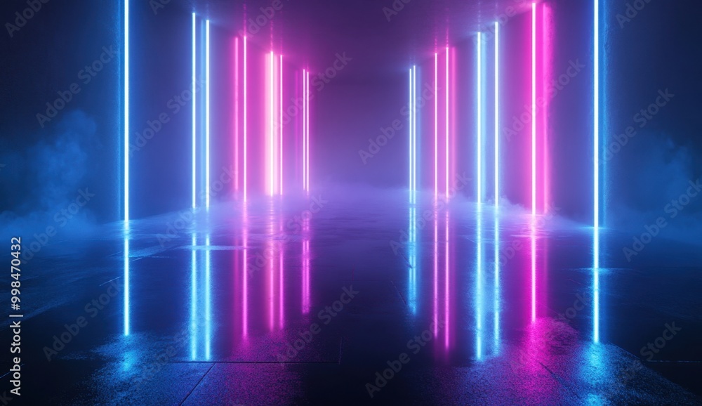 Poster 3d render, abstract background with blue and purple neon lines on a dark floor in an empty room with