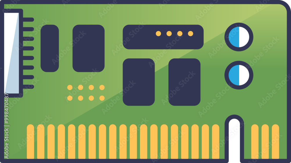 Poster illustration of a circuit board with various components, representing electronic hardware and techno