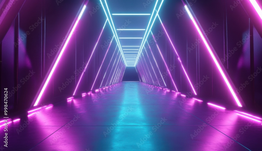 Aufkleber an abstract futuristic background with neon lines and reflections on the floor in purple and blue co