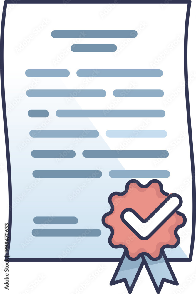 Poster illustration of a document with a checkmark ribbon symbolizing certification or approval.