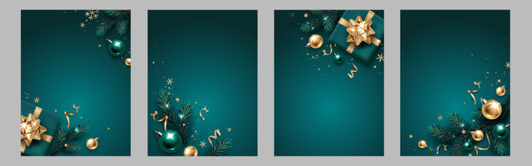Set of vertical banners with gold, green Christmas symbols and text. Christmas tree, gift, balls, golden tinsel confetti and snowflakes on a green background. Luxury background.
