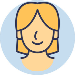 Minimalistic illustration of a female face with blonde hair, simple lines, and a blue background.