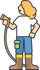 Illustration of a woman holding a water hose, symbolizing gardening or outdoor work.